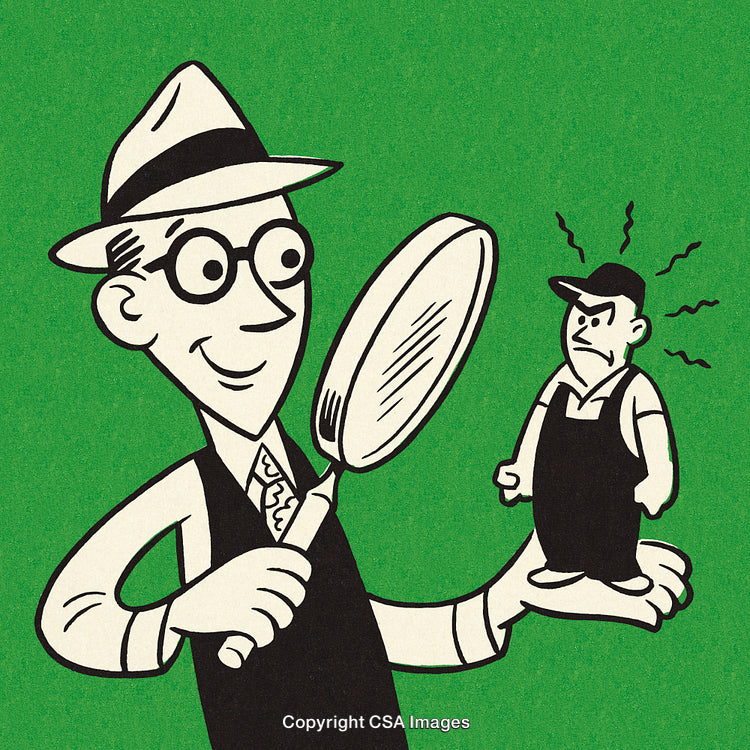 Retro Illustration of a Man Inspecting Another Person With Magnifier