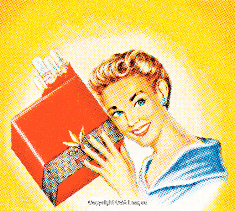 Colorful Vintage Illustration of Smiling Woman Holding a Wrapped Gift Box
