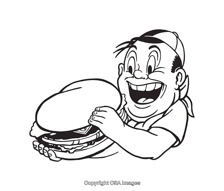 Cheerful Cartoon Man Enthusiastically Holding a Giant Burger Line Art Illustration