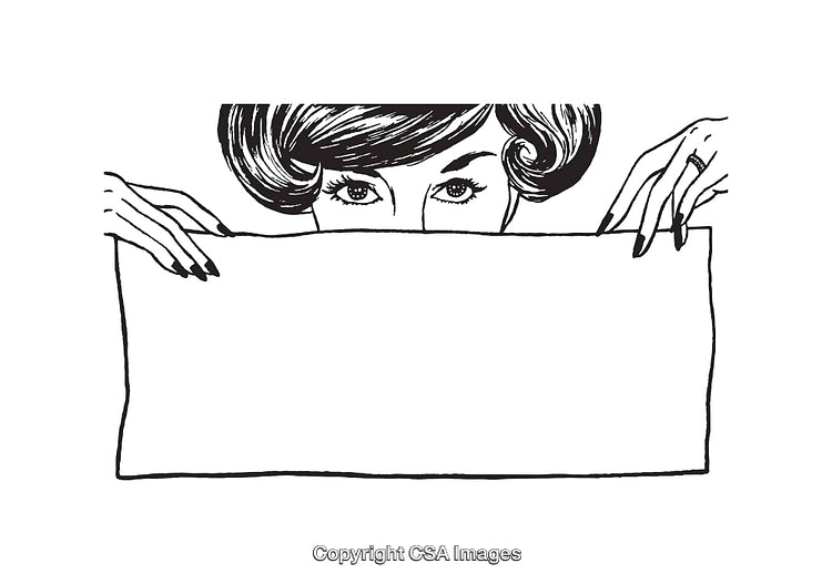 Black And White Line Art Illustration of Woman Holding Blank Paper