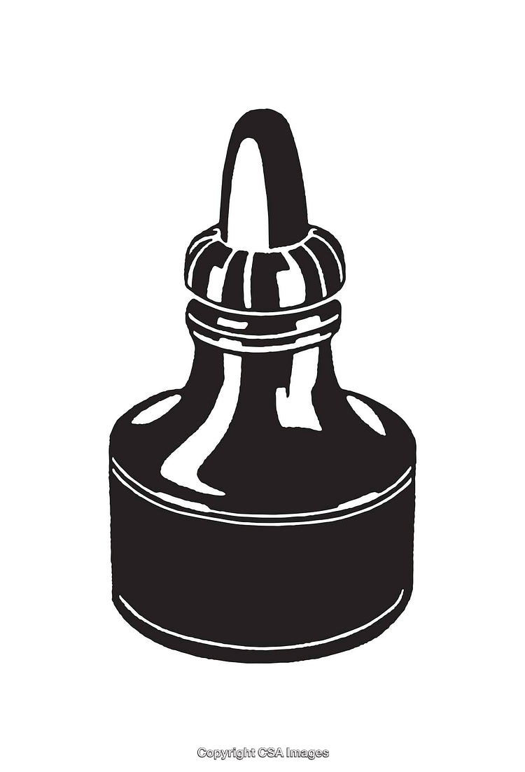 Black and White Vintage Line Art Illustration of an Ink Bottle