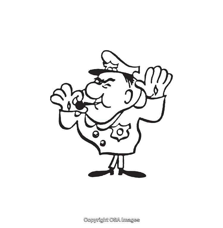 Black And White Cartoon Illustration of Police Officer with Raised Hands