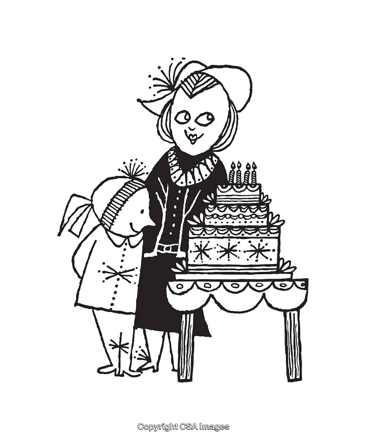 Charming Line Art Illustration of a Celebration with Cake and Characters