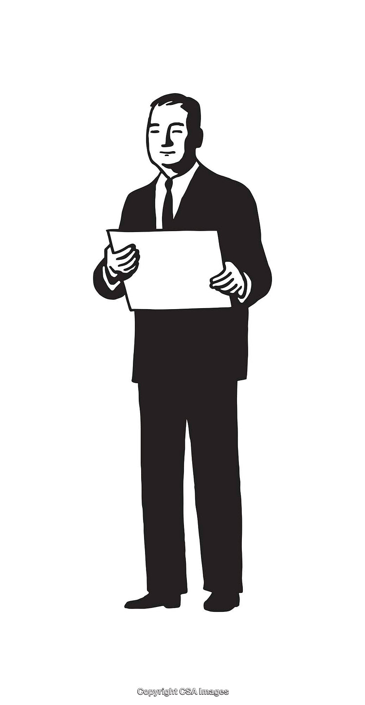 Black and White Illustration of a Man Holding a Document