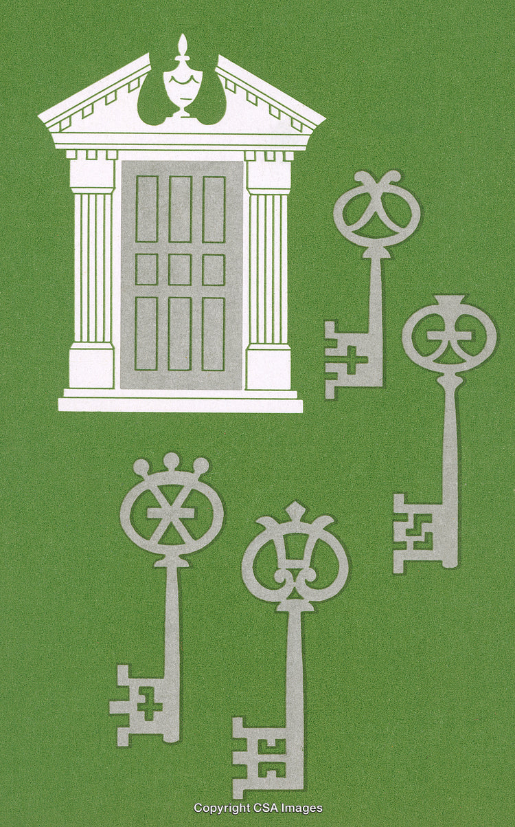 Abstract Graphic Featuring Ornate Keys and Pillared Door on Green Background