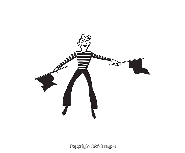 Black and White Art of Sailor Holding Two Signal Flags