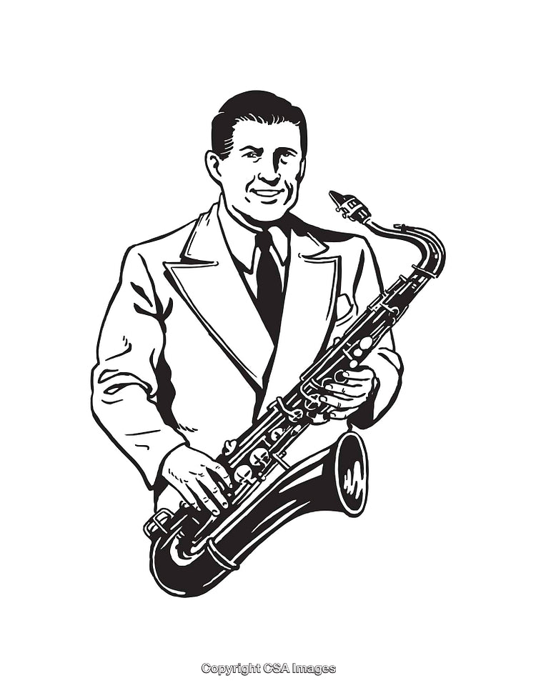 Black and White Illustration of Musician Playing Saxophone in Line Art Style