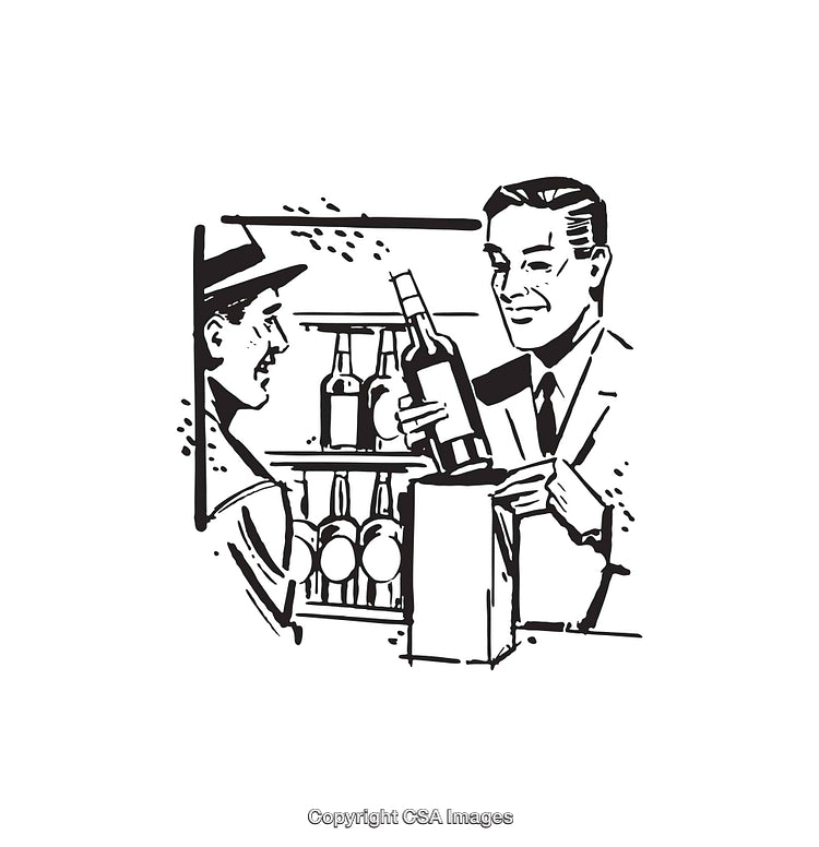 Vintage Line Art of Men Shopping for Bottled Beverages