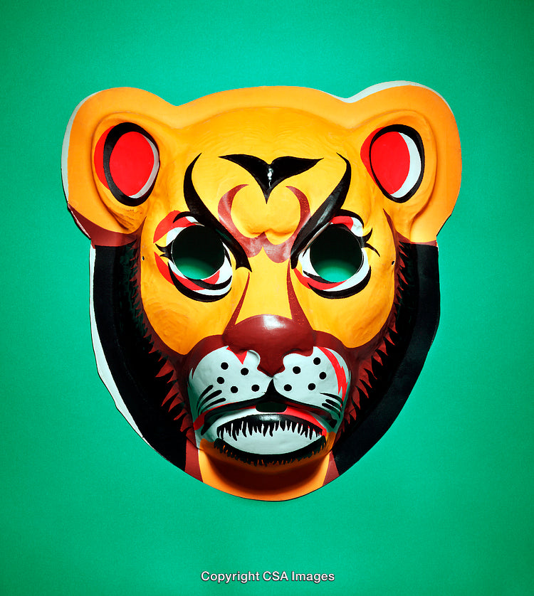 Brightly Colored Lion Mask with Artistic Detailing on Green Background