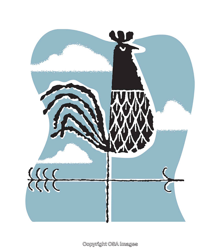 Stylized Illustration of a Rooster Weather Vane with Sky Background