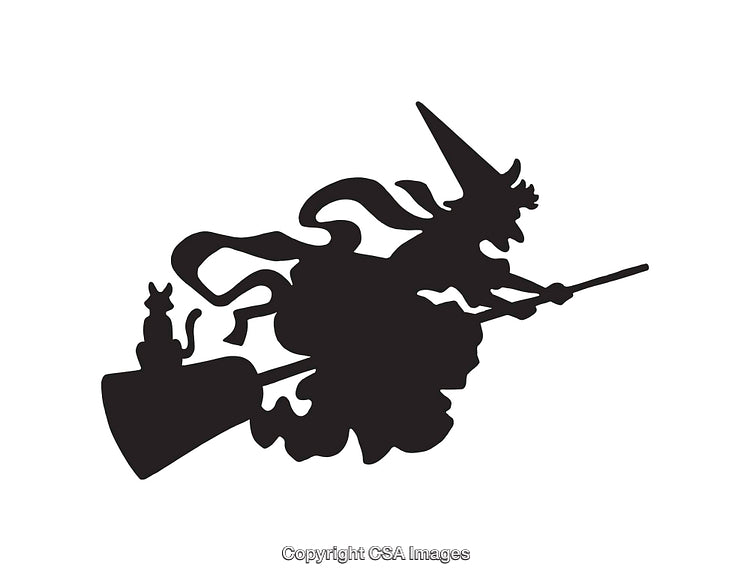 Silhouette of a Flying Witch With Cat on a Broomstick