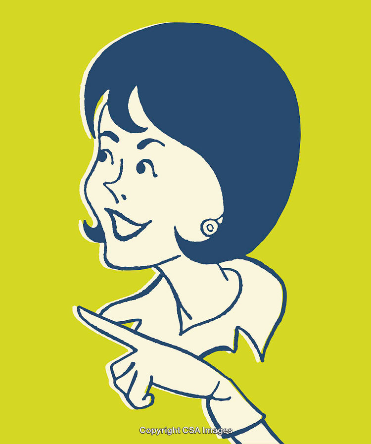 Smiling Woman Pointing in Retro Style Line Art on Vibrant Background