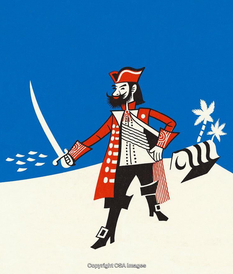 Colorful Illustration of a Pirate with Sword on Tropical Background