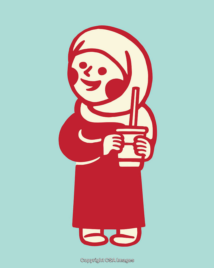 Charming Red Outline Artwork of a Smiling Woman Holding a Drink