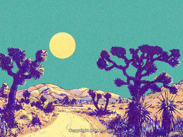 Surreal Desert Landscape with Joshua Trees Under a Bright Full Moon