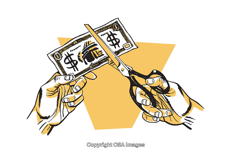 Illustration of Hands Cutting a Paper Currency Note With Scissors
