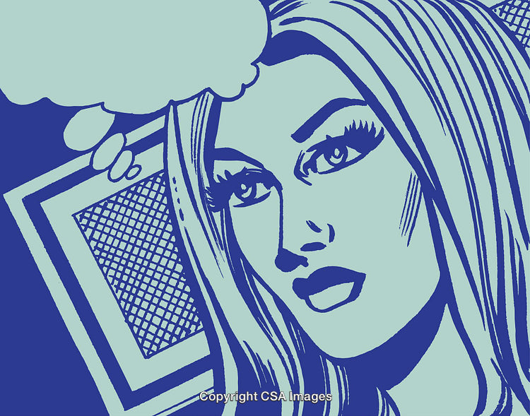 Pop Art Style Woman Illustration with Thought Bubble in Blue Tones