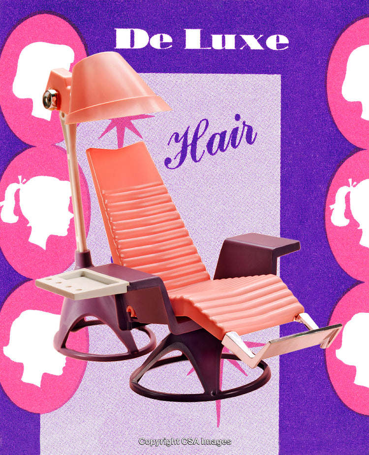 Retro Pink Toy Hairdryer Chair with Vintage Graphic Design Elements