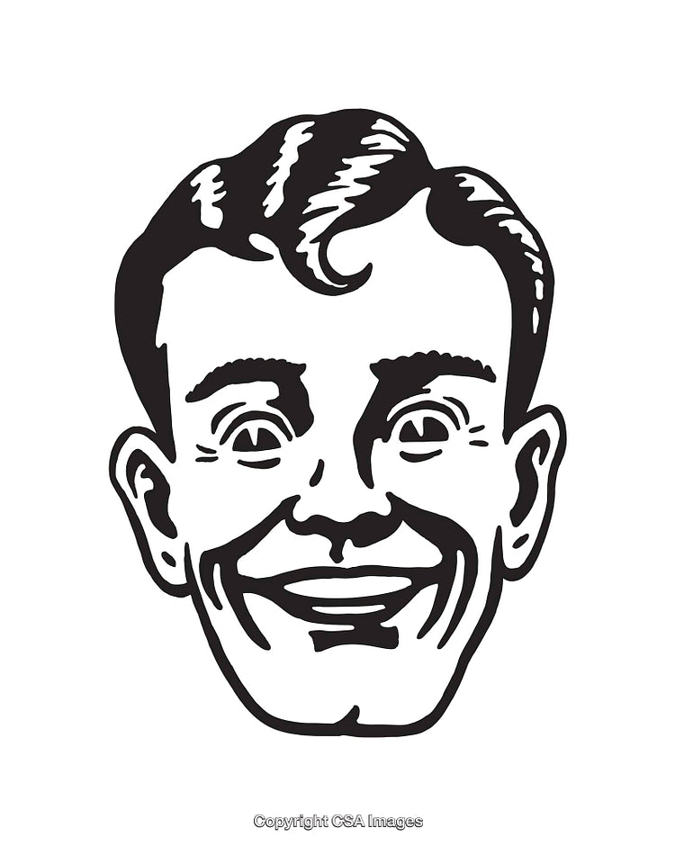 Retro Black and White Smiling Face Line Art Illustration