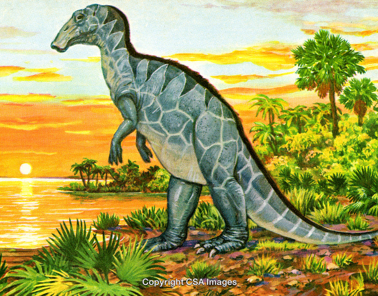 Illustration of Dinosaur in Lush Prehistoric Landscape at Sunset