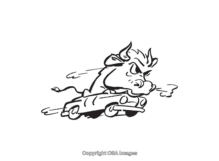 Angry Bull Steering a Car in Expressive Line Art Illustration