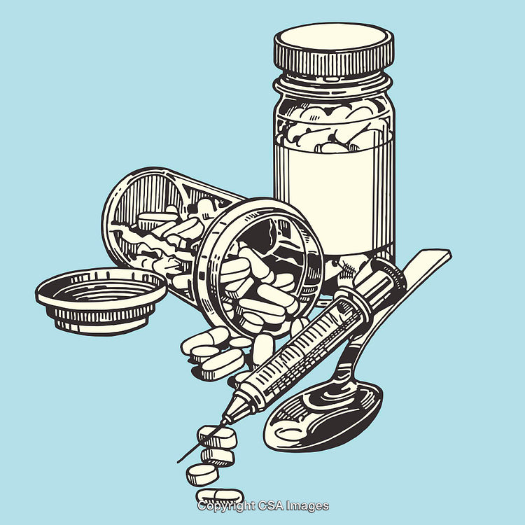 Color Line Art Illustration of Medicine Bottles, Pills, and Syringe