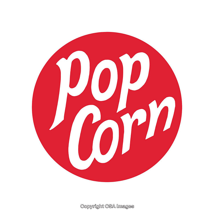 Bold Red Circle Featuring the Word Popcorn in Stylized Font