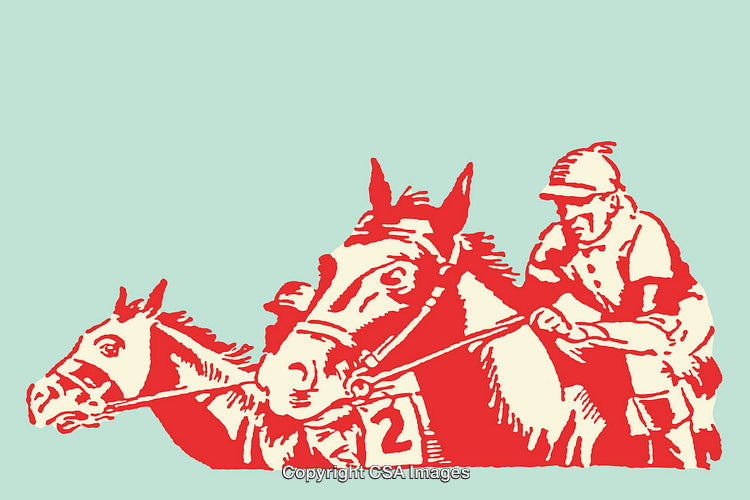 Illustrative Red and Blue Horse Racing Scene with Jockeys in Action