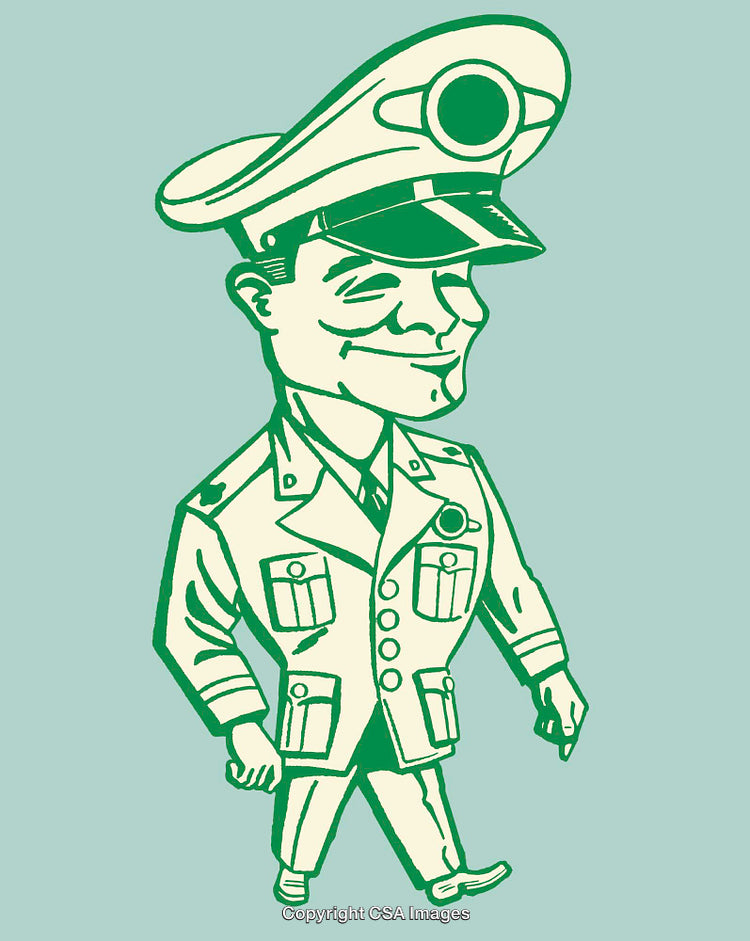 Vintage Styled Cartoon Illustration of a Smiling Uniformed Man in Line Art