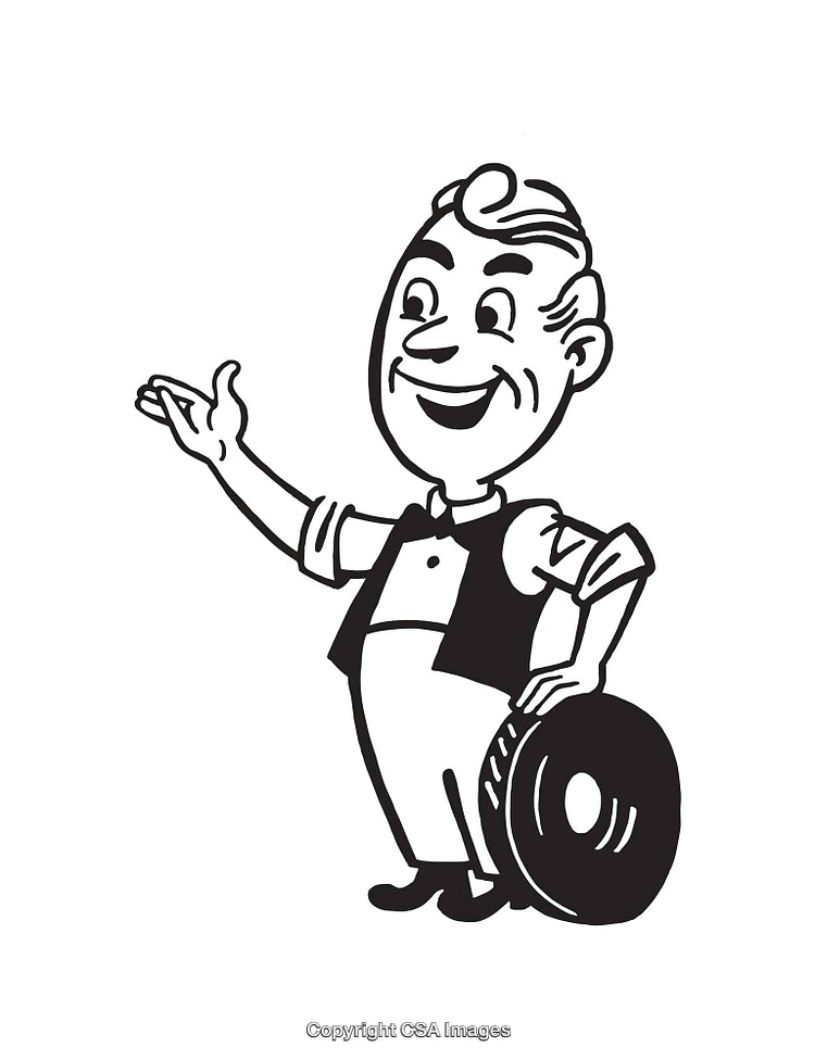 Retro Black and White Line Art Illustration of a Friendly Character