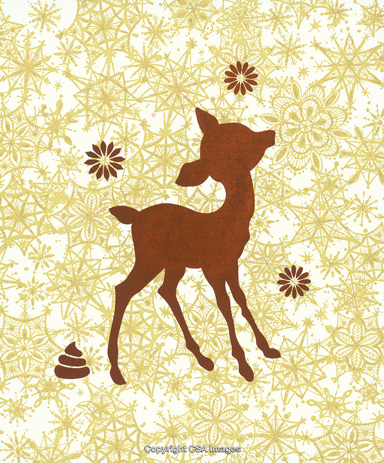 Silhouette of a Deer Over Golden Patterned Background with Floral Accents