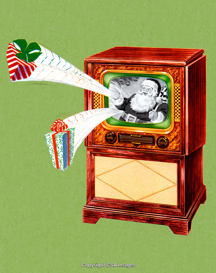 Vintage Santa Television Delivering Gifts in a Retro Holiday Scene