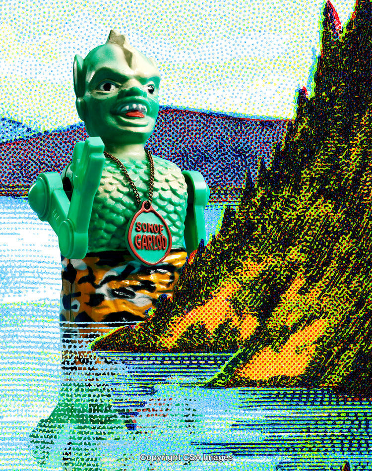 Green Monster Figurine in Vibrant Pop Art Mountain Landscape