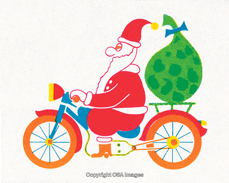 Santa Claus Riding a Motorcycle with a Gift Sack During Christmas
