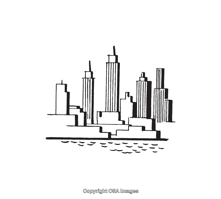 Black and White Line Art of a Cityscape with Skyscrapers