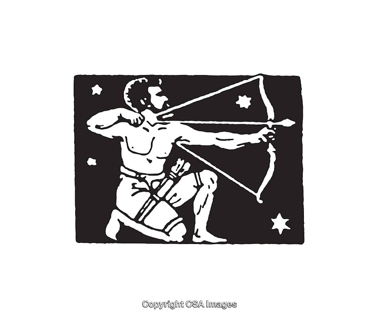 Black and White Illustration of Sagittarius Zodiac Figure Holding a Bow and Arrow