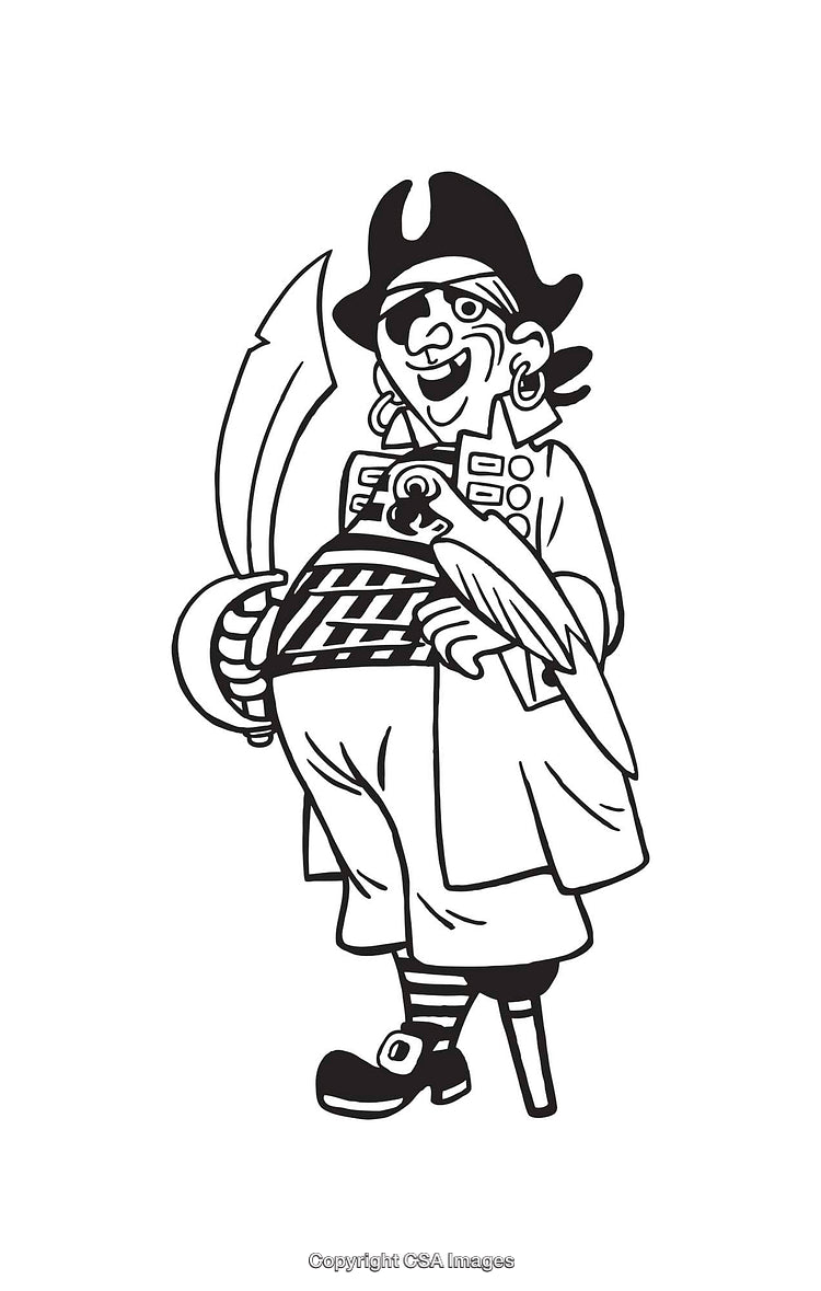 Black and White Cartoon Pirate with Parrot and Sword Illustration