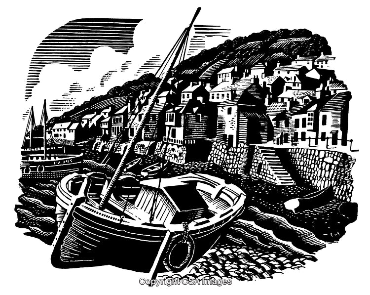 Detailed Black And White Engraving of a Seaside Harbor with Fishing Boats