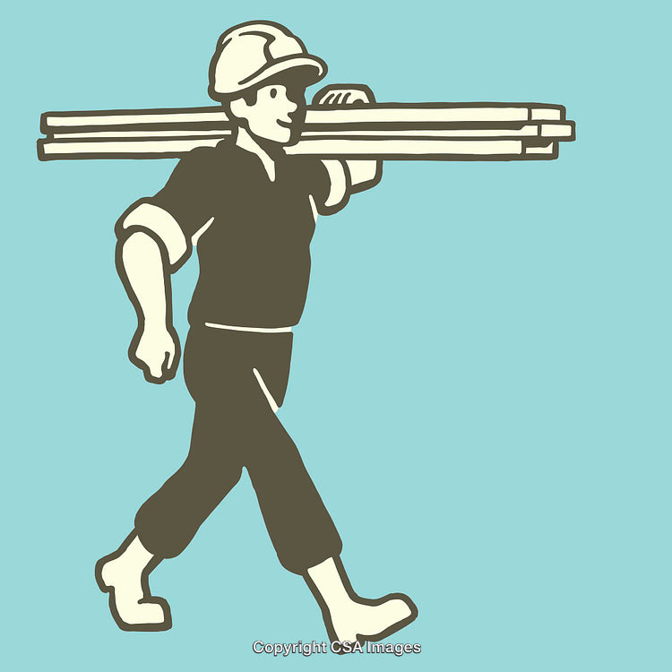 Construction Worker Carrying Wooden Planks in Line Art Style