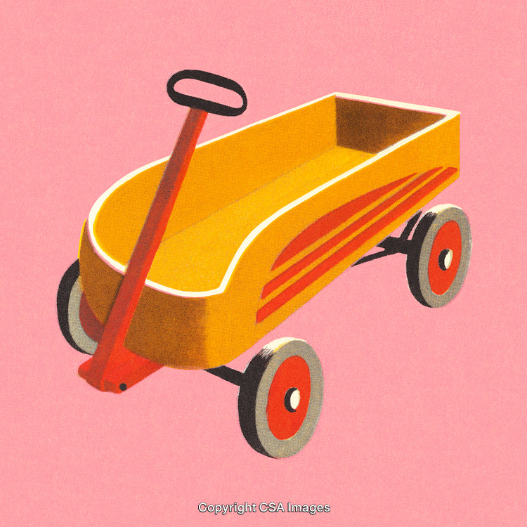 Bright Yellow Toy Wagon on Pink Background with Vintage Style