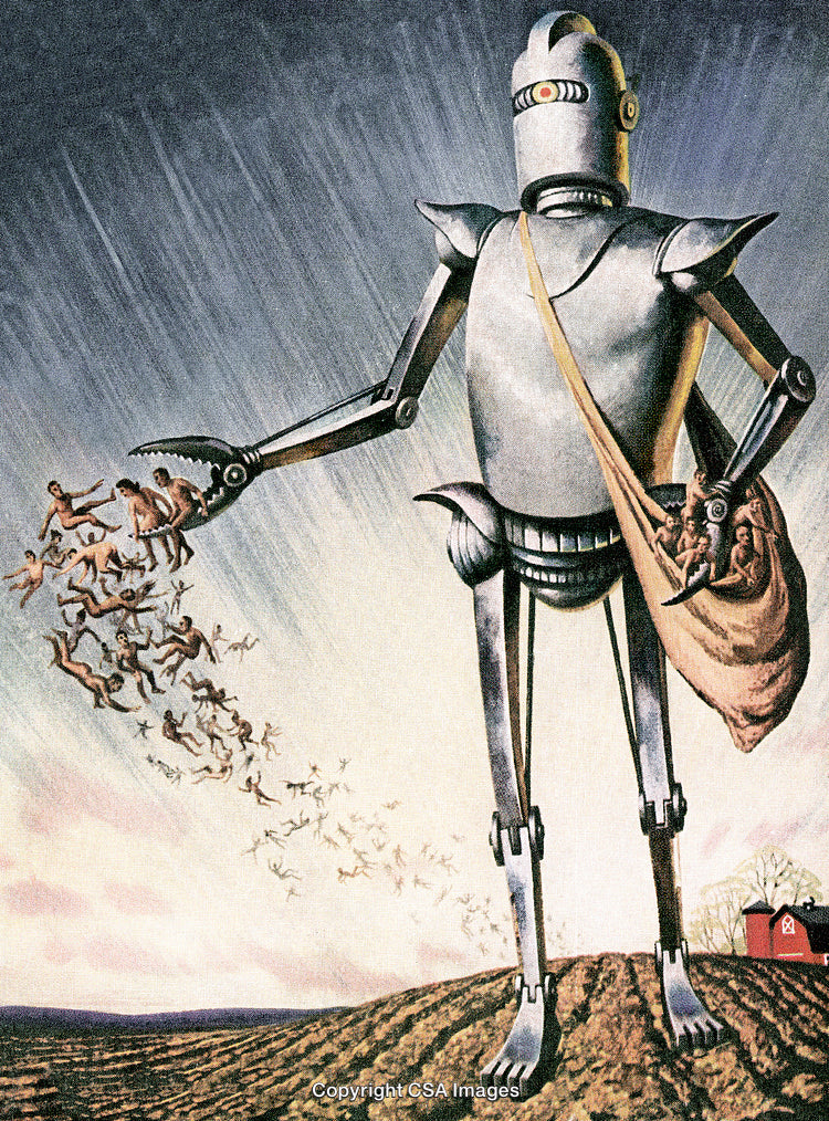 Futuristic Robot Depicted Holding Tiny Human Figures in a Dramatic Landscape