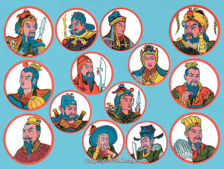 Ancient Chinese Warrior Illustrations with Colorful Artistic Renderings in Circular Frames