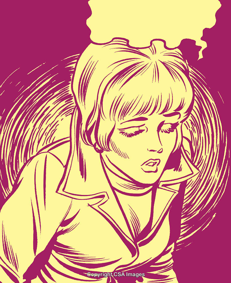 Vintage Style Illustration Depicting a Thoughtful Woman in Pop Art Colors