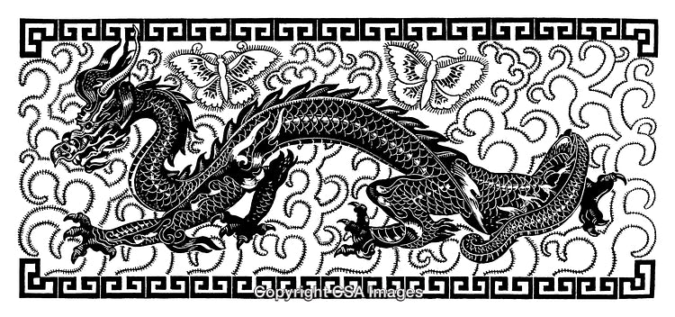 Intricate Black and White Engraving of a Dragon and Butterflies