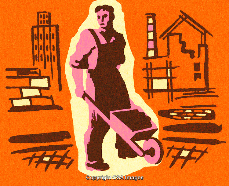 Vintage Illustration of Construction Worker with Urban Background