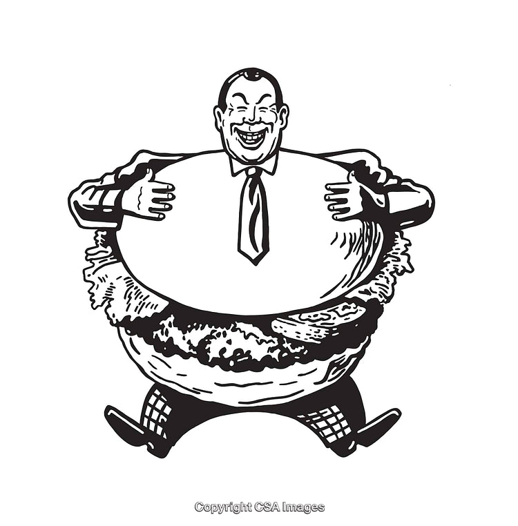 Humorous Illustration of a Man Inside a Burger in Black and White