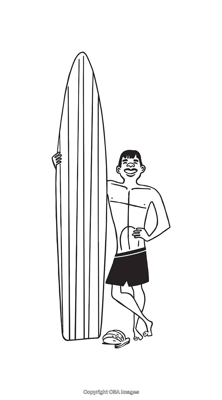 Black And White Illustration of a Surfer Posing With a Large Surfboard