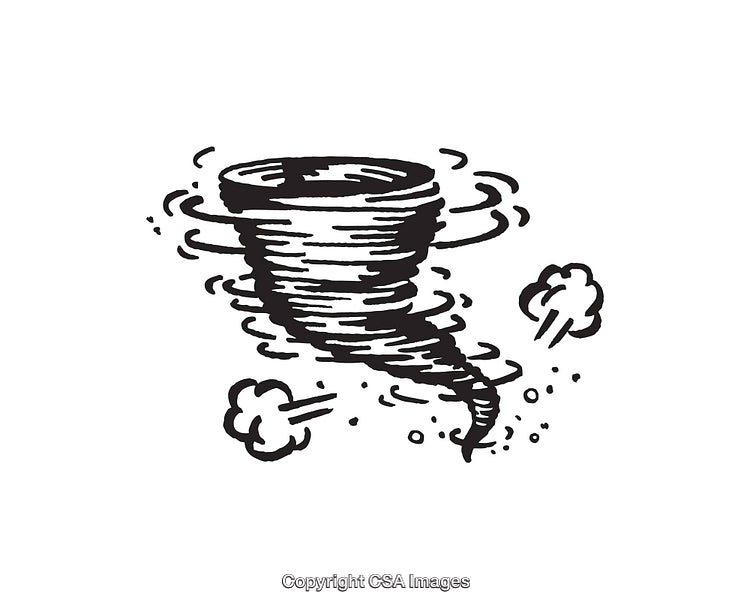 Black and White Tornado Illustration with Whirling Effects and Air Movement