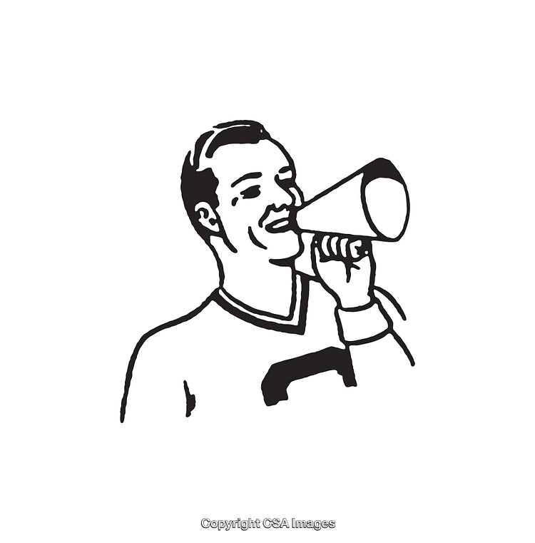 Vintage Black and White Illustration of a Man Shouting Through a Megaphone