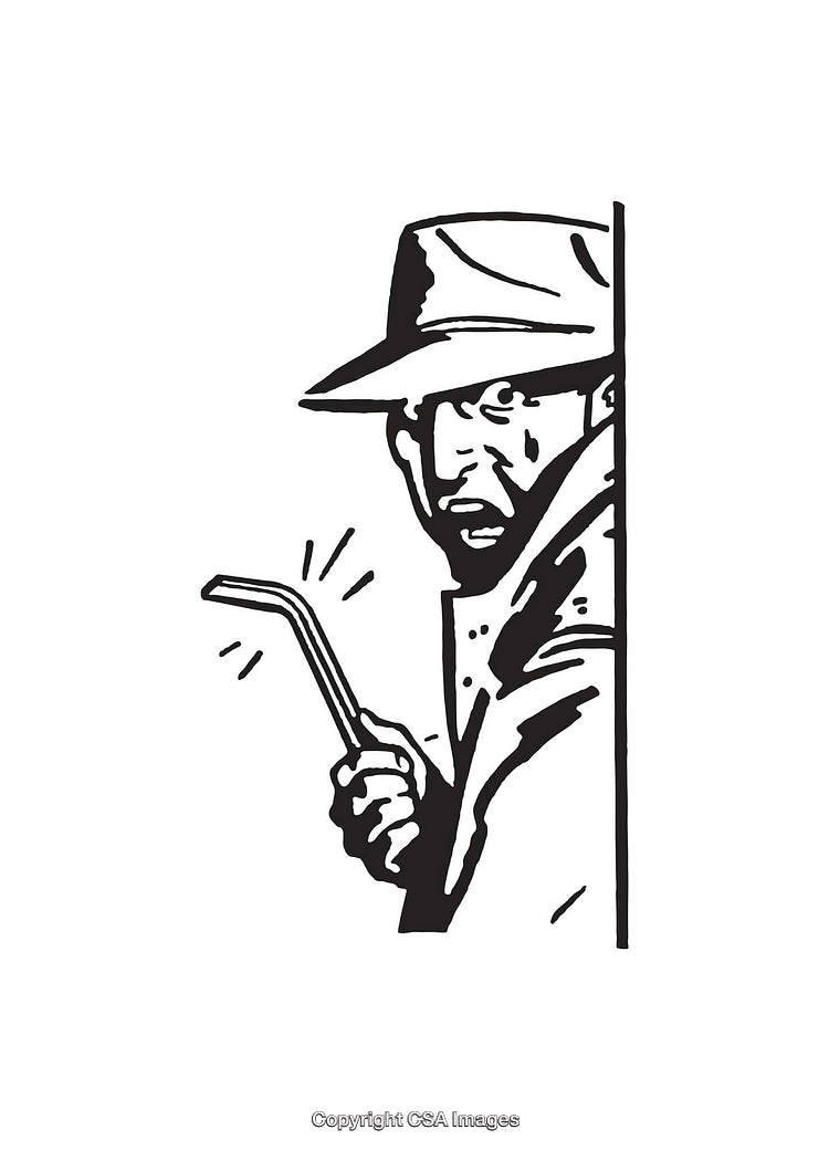 Black and White Line Art of Suspicious Figure Holding a Crowbar